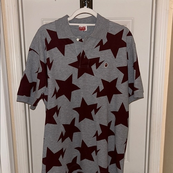 Bape Gray and Red Polo Shirt with Bold Star Design